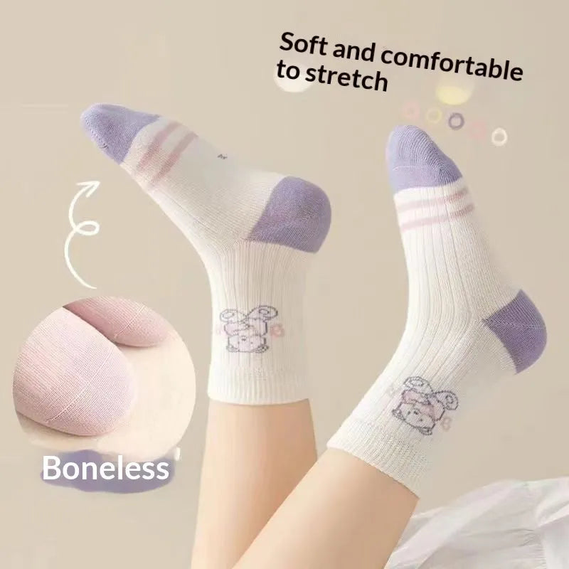 Pack of five children's cotton mid-calf socks with lace detail in Baby Bear, Rainbow Pony, and Leopard Bear colourways