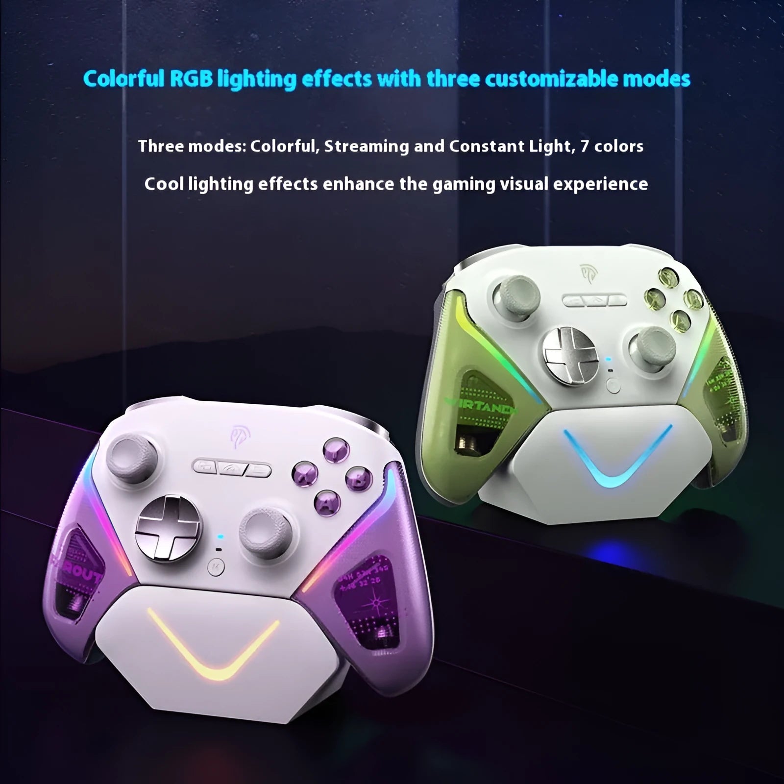 Rocker Smart wireless game controller on its charging base in Black, Green or Purple colour
