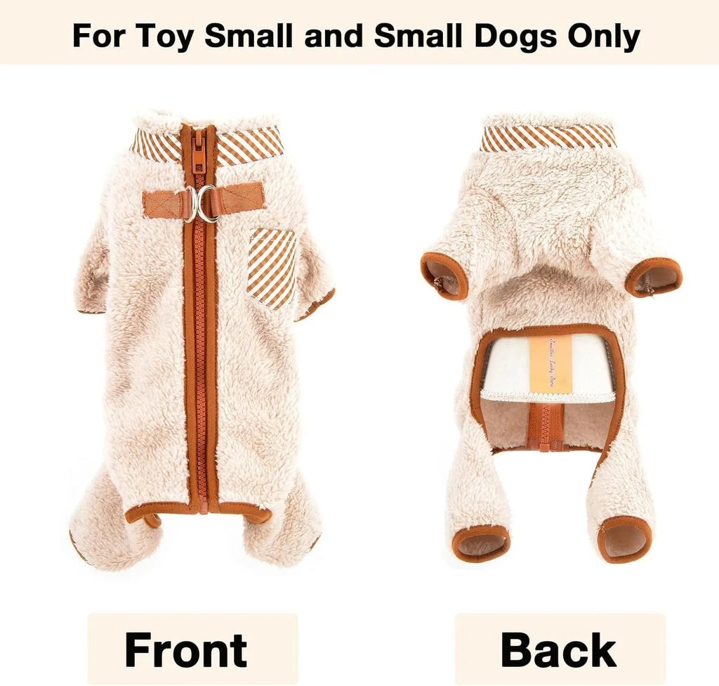 Green fleece dog coat with four-leg jumpsuit design and back zipper closure on a small dog