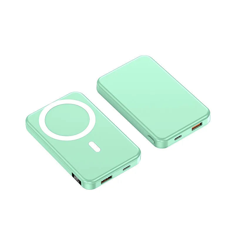 Ultra-thin portable power bank with wireless magnetic charging in white, black, or blue colour options