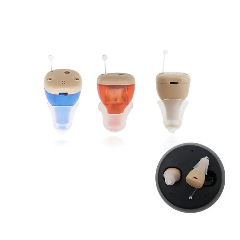 TWS G19 sound amplifier in Red Blue colour with charging silo, silicone ear tips, wireless charging action.