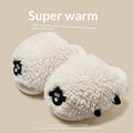 Women's winter cartoon sheepskin cotton slippers with wool lining and PVC non-slip outsole, black and white sheep design