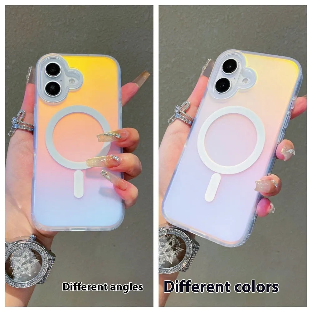 Laser gradient frosted magnetic phone case for iPhone 17 series on a dark background.
