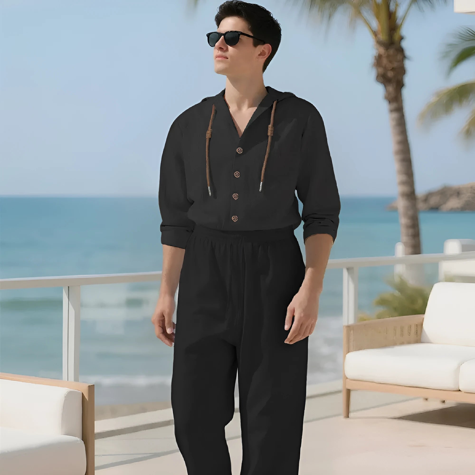 Men's casual cotton suit set in a neutral colour, showing the long-sleeved top and trousers laid flat.