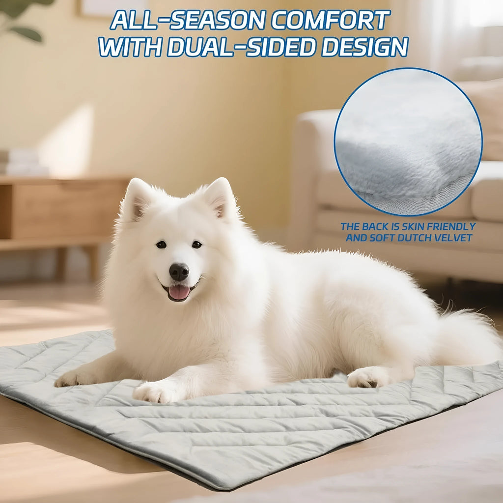 Light gray nylon pet cooling mat for dogs, machine washable, available in sizes M L XL