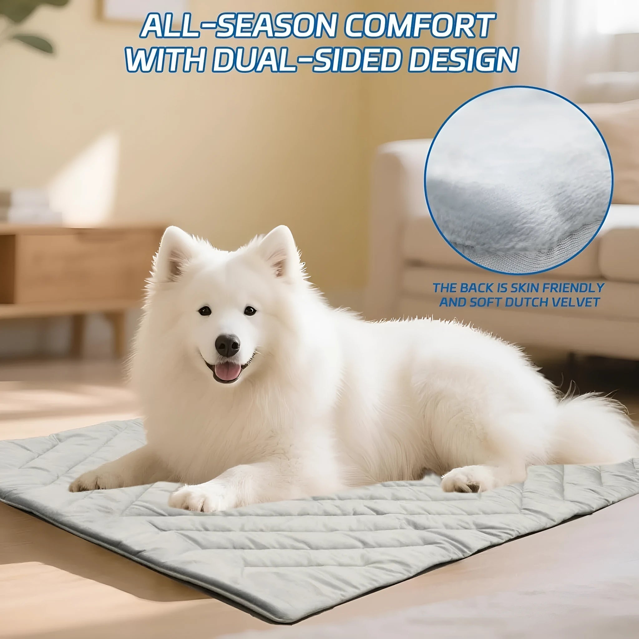 Light gray nylon pet cooling mat for dogs, machine washable, available in sizes M L XL