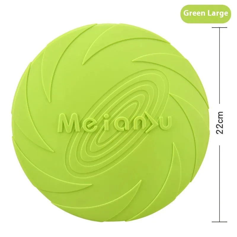 Soft rubber dog frisbee toy shown in blue colour option for outdoor throwing and fetching games