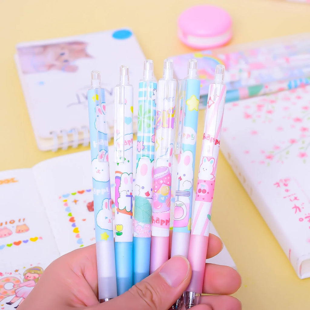 Six cartoon bunny decorated black ballpoint pens with 0.5mm tips