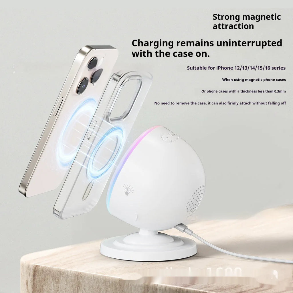 Three-in-one wireless charger with Bluetooth speaker and coloured lights in white finish