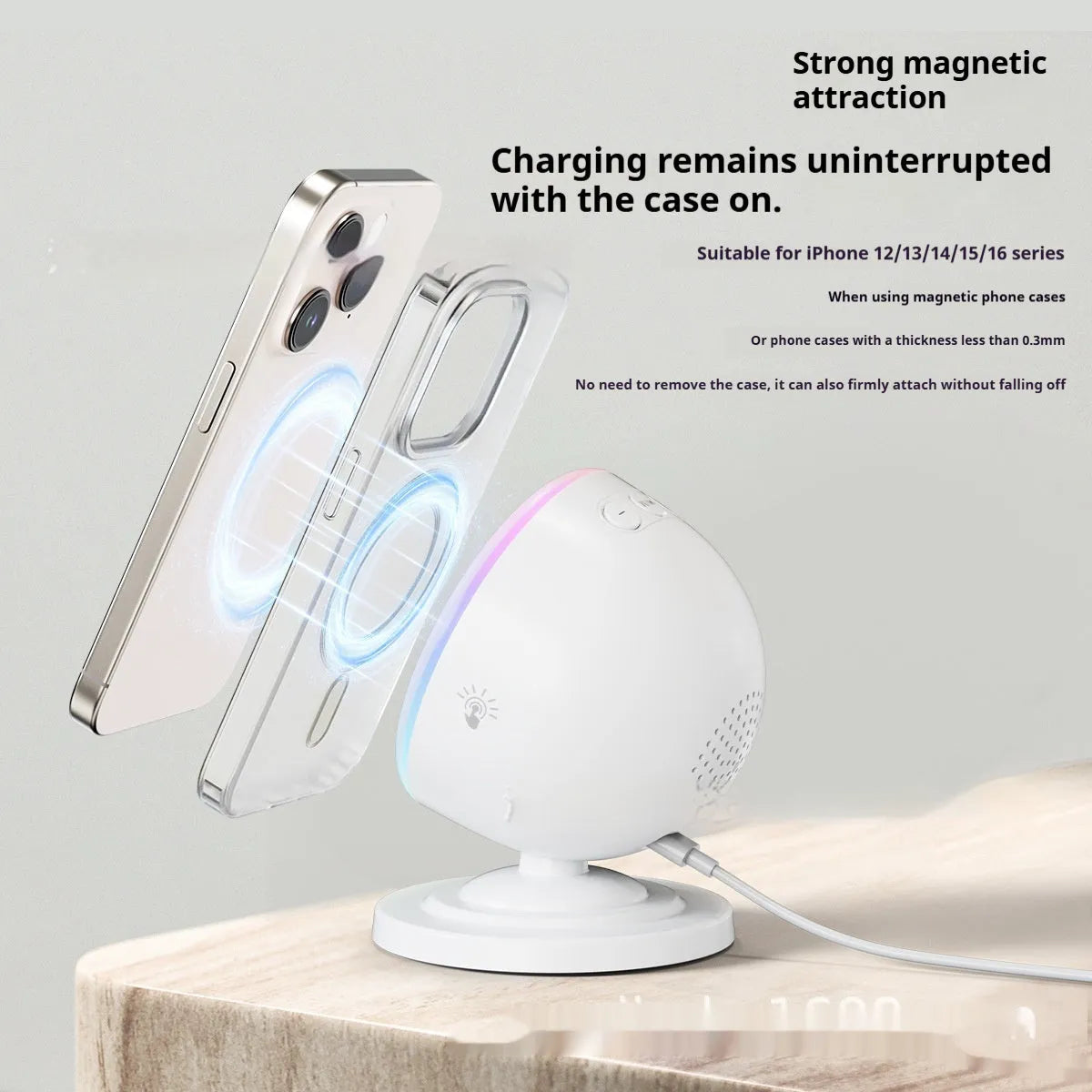 Three-in-one wireless charger with Bluetooth speaker and coloured lights in white finish