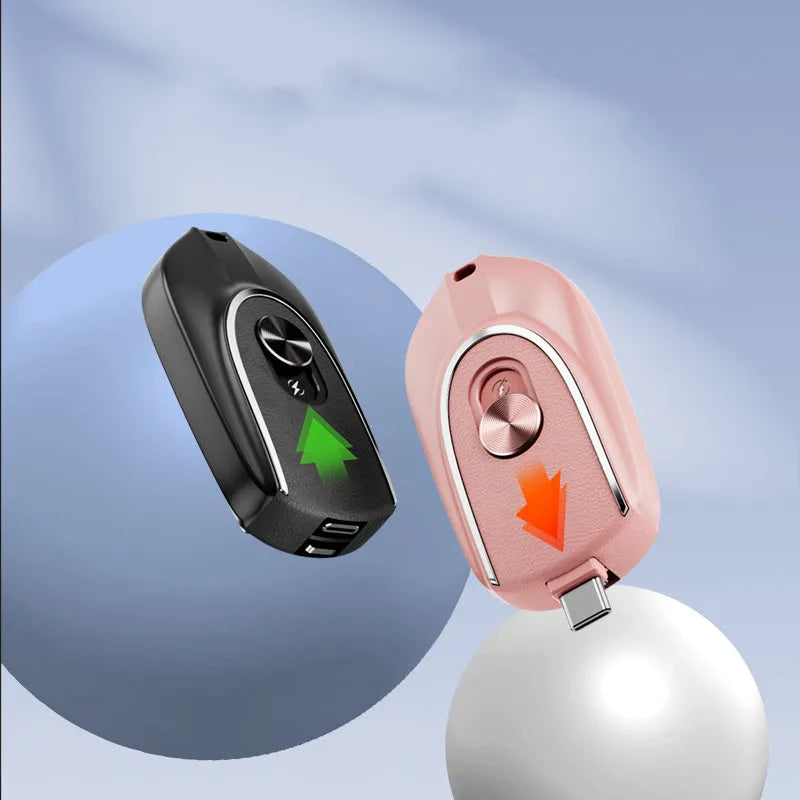 Black mini keychain power bank with Type-C and iPhone outputs, 1200mAh, hanging buckle, 71 x 19.5 x 38mm