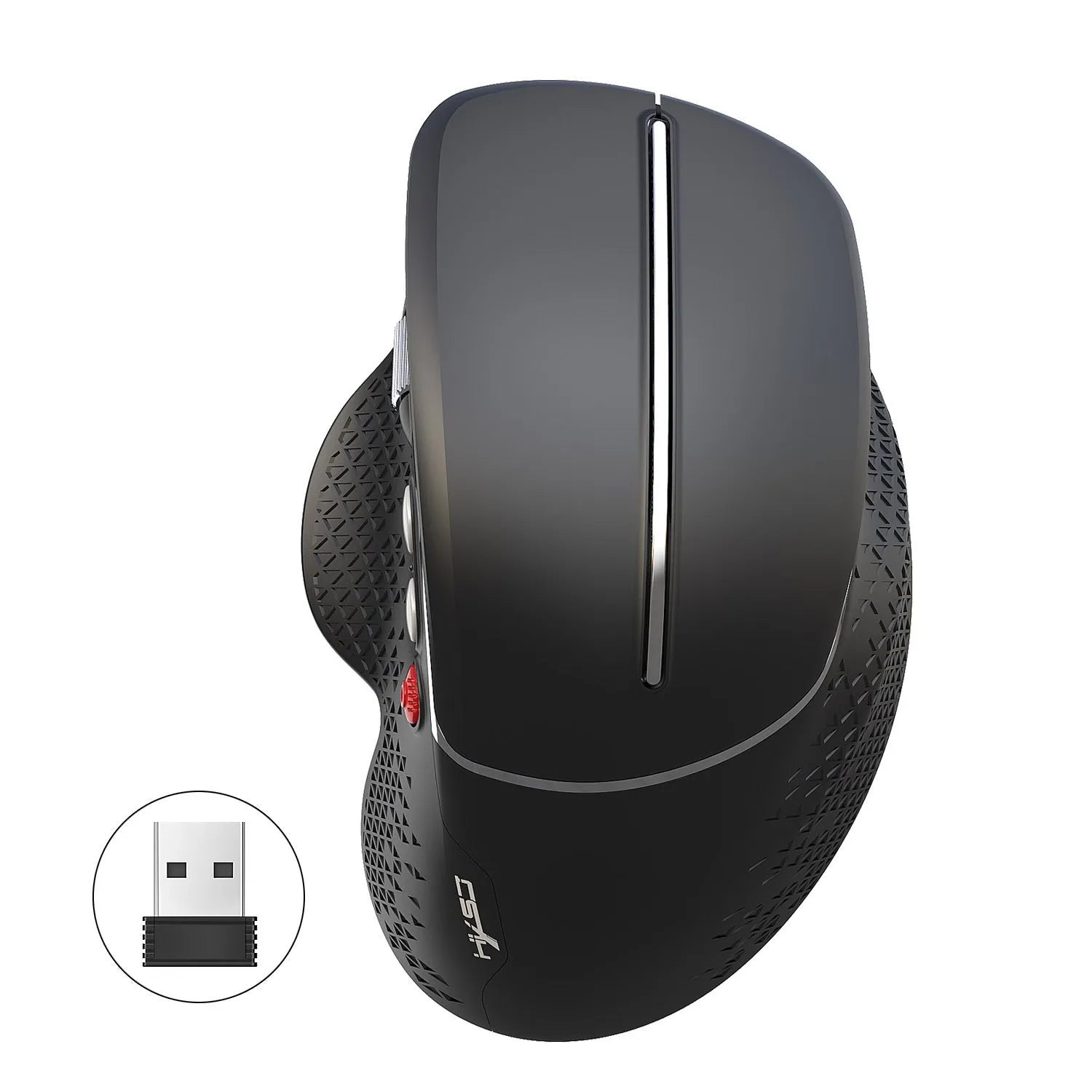 T32 wireless vertical ergonomic mouse in black matte texture showing aluminium side roller and 2.4GHz USB receiver.