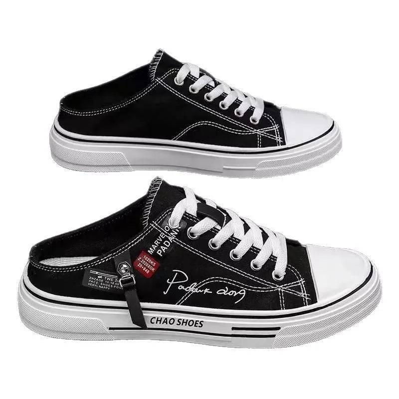 Men's black canvas slip-on shoes with round toe and PVC sole