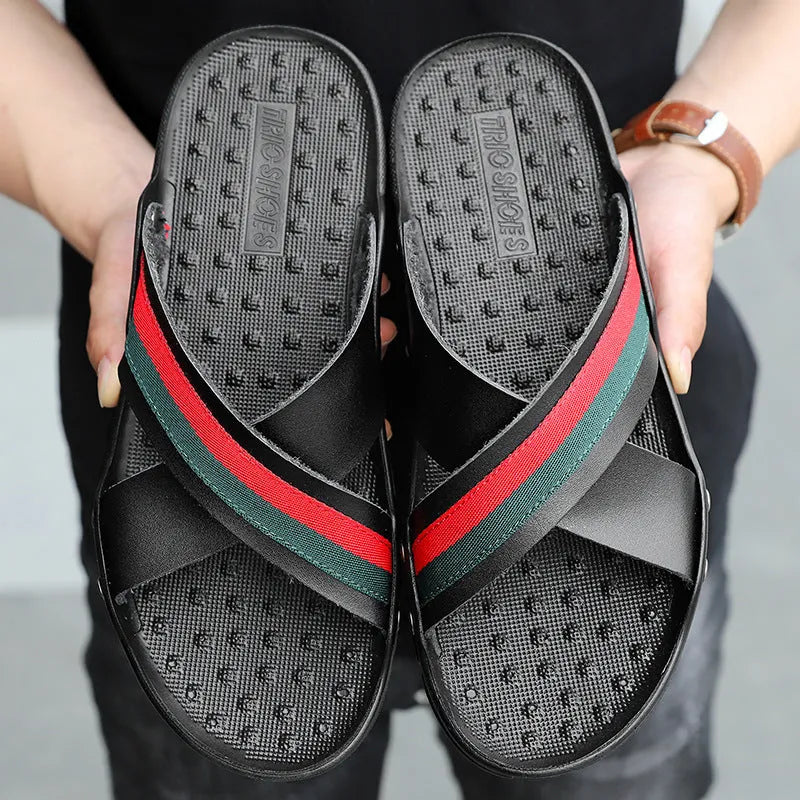 Men's cowhide beach sandals with non-slip PU sole in black, blue, or white colours