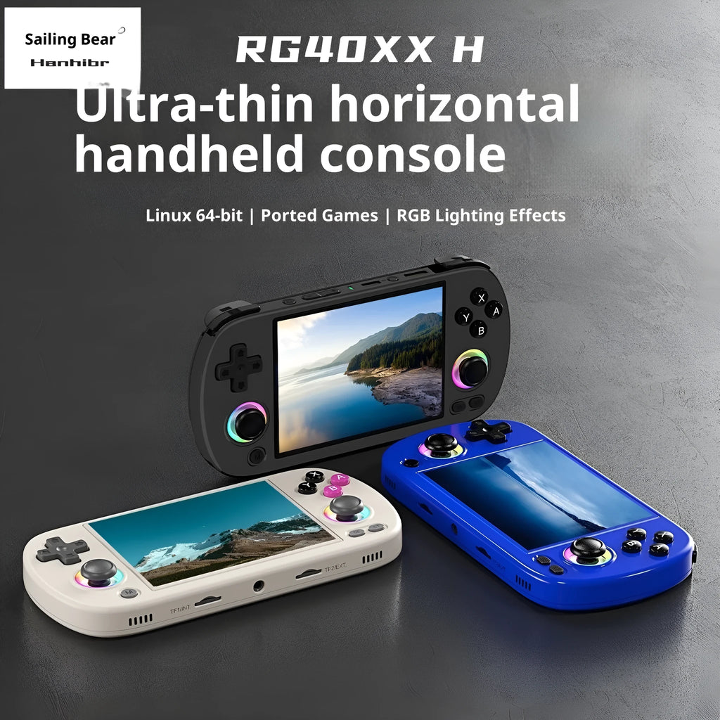 RG40XXH retro handheld game console in black connecting to TV with wireless handle