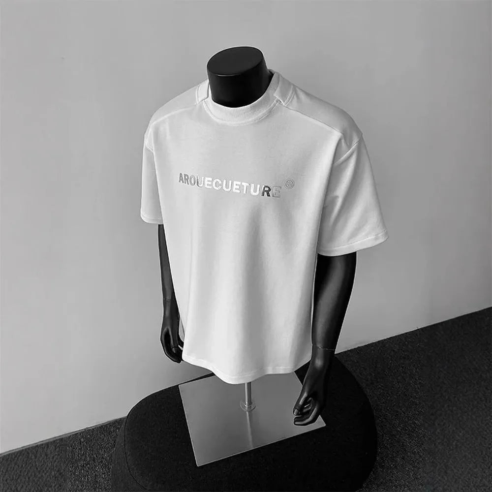 Men's white cotton short sleeve pullover t-shirt with black letters pattern, loose fit