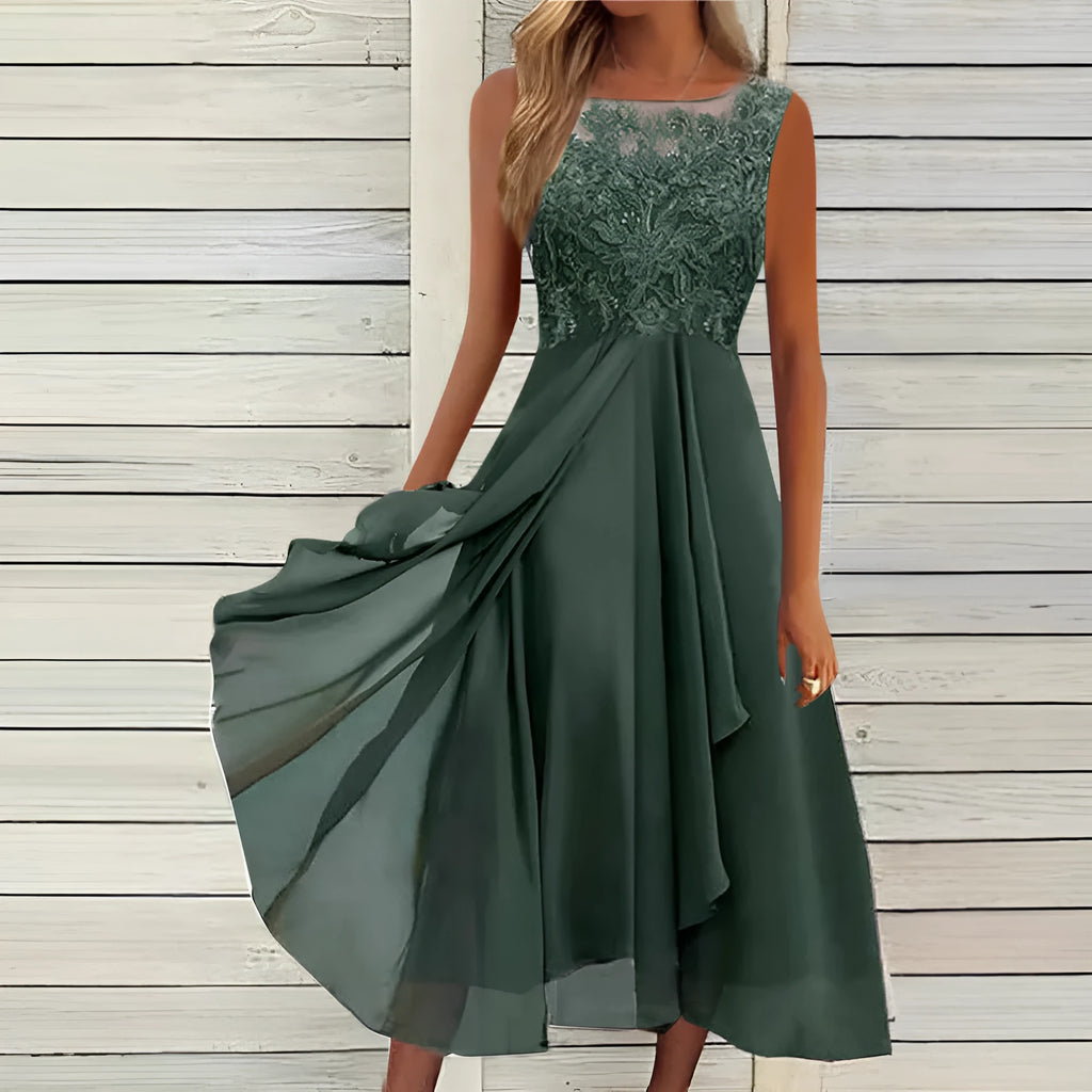Women's sleeveless green chiffon dress with white lace hollow-out detail, mid-length skirt.