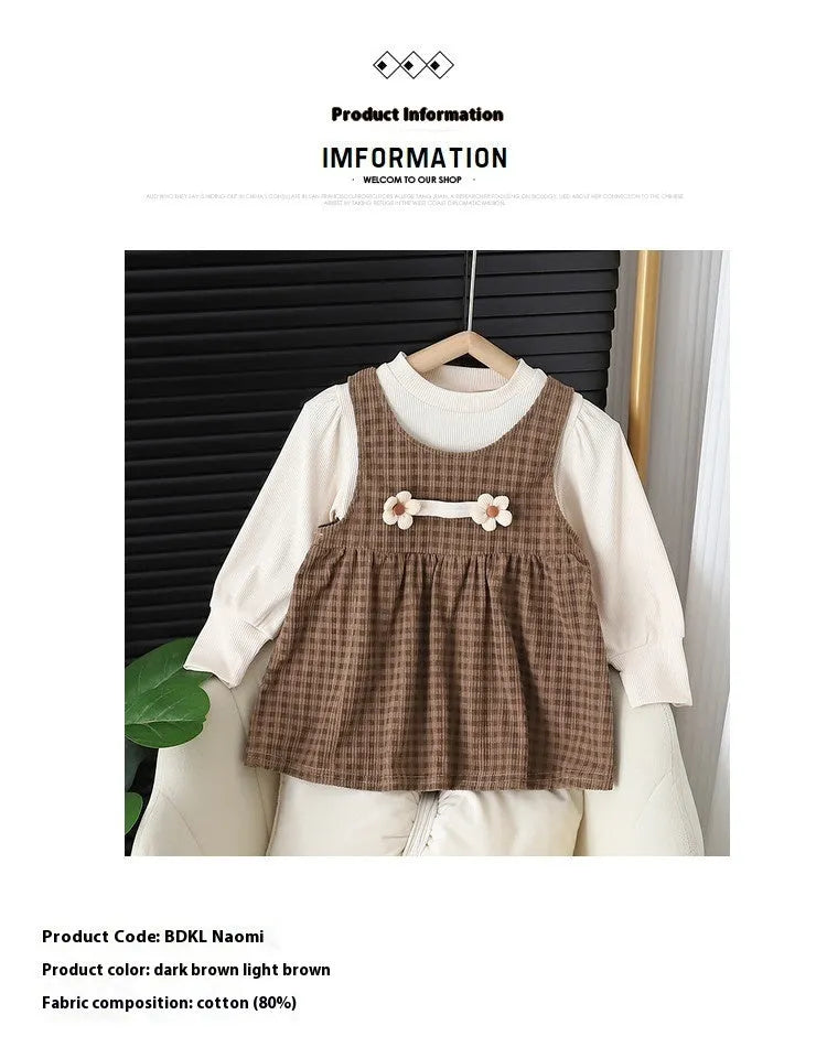Baby girl wearing a dark coffee plaid Korean style long-sleeved dress suit set, comprising a shirt and dress.