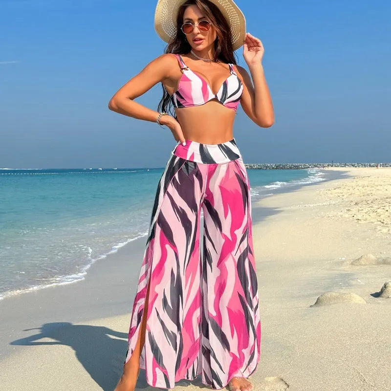 Women's three-piece bikini swimsuit set in quick-dry polyester fabric with multiple pattern options