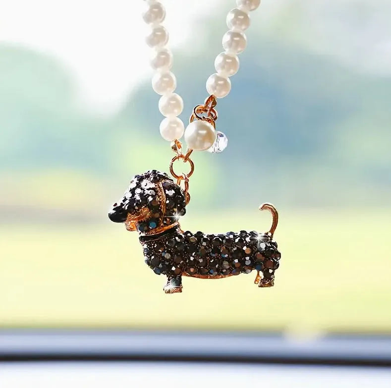 Diamond-embedded dachshund puppy hanging car rearview mirror pendant in alloy with light luxury finish