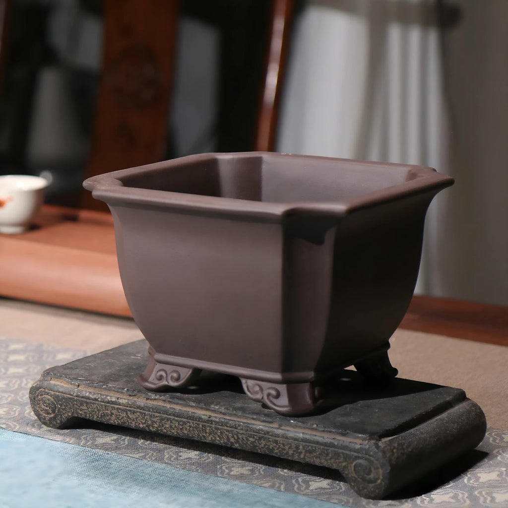 Chinese-style classical indoor bonsai simple purple clay flowerpot in brown, 17x11.5cm