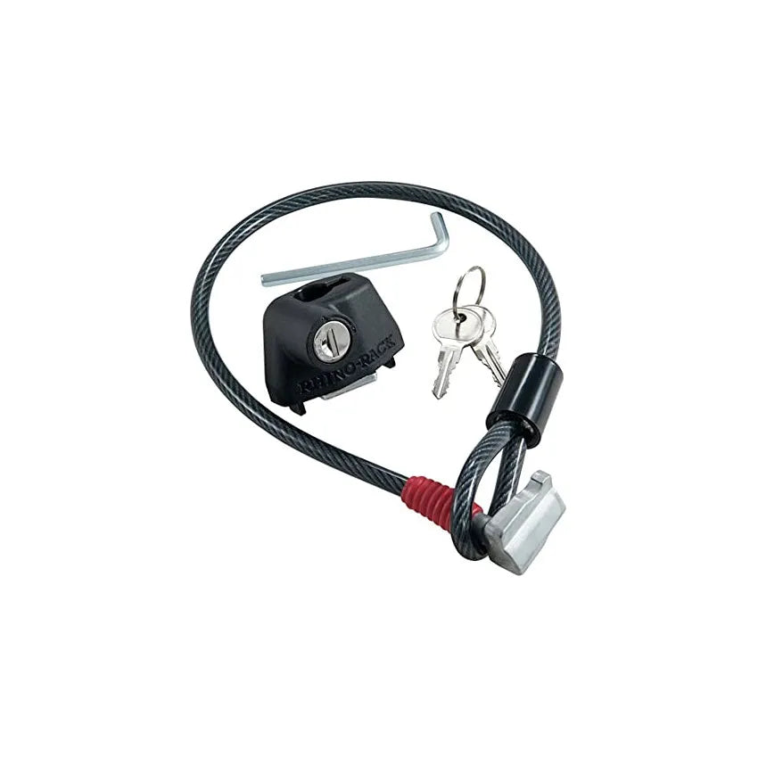 Plastic-sheathed steel cable lock for securing equipment to a roof platform without drilling.