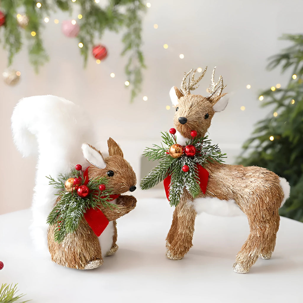 Straw Christmas ornament in deer design with natural straw texture and foam core for rustic holiday tabletop display