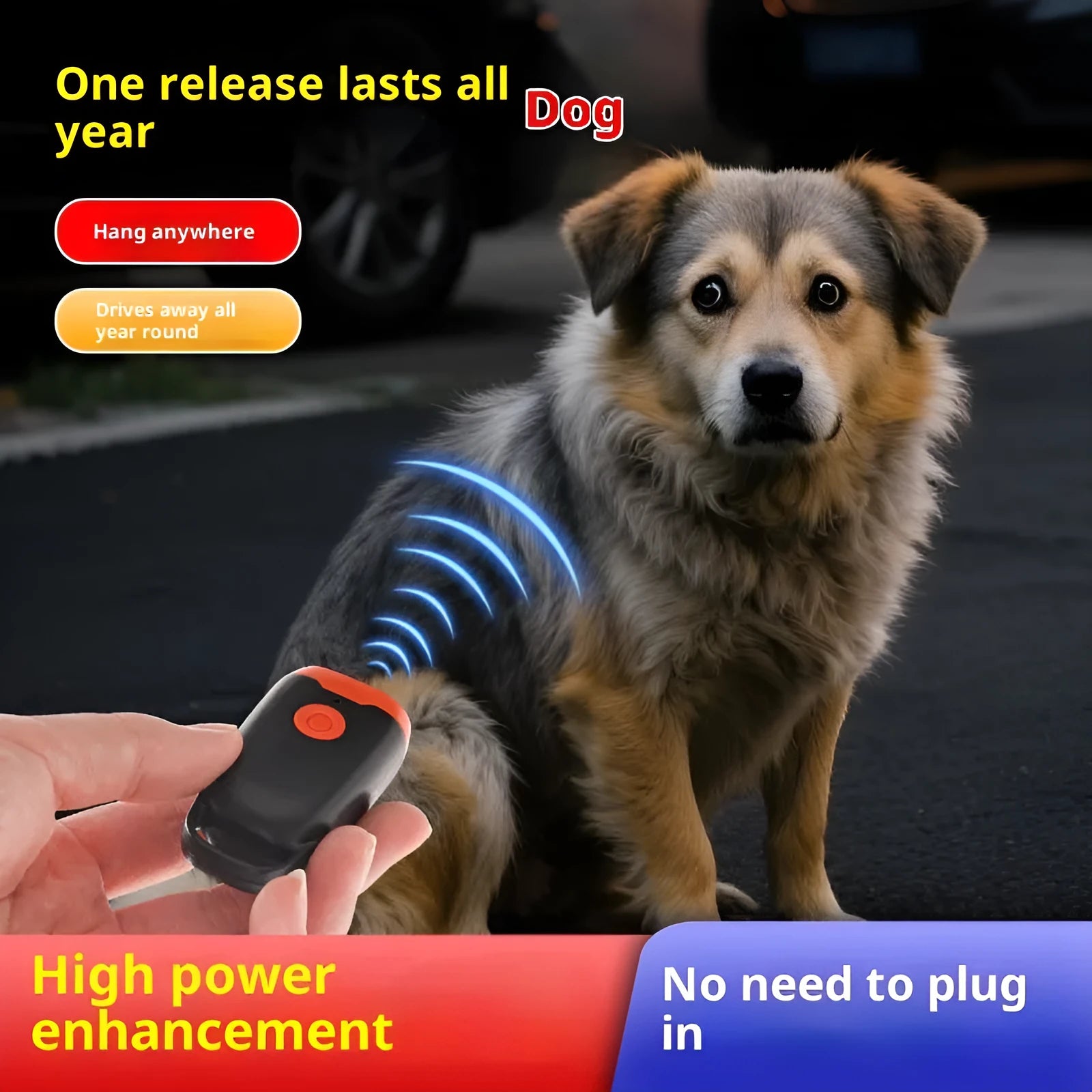 Mini ultrasonic dog dispeller in black and orange ABS casing measuring 3x2x6cm