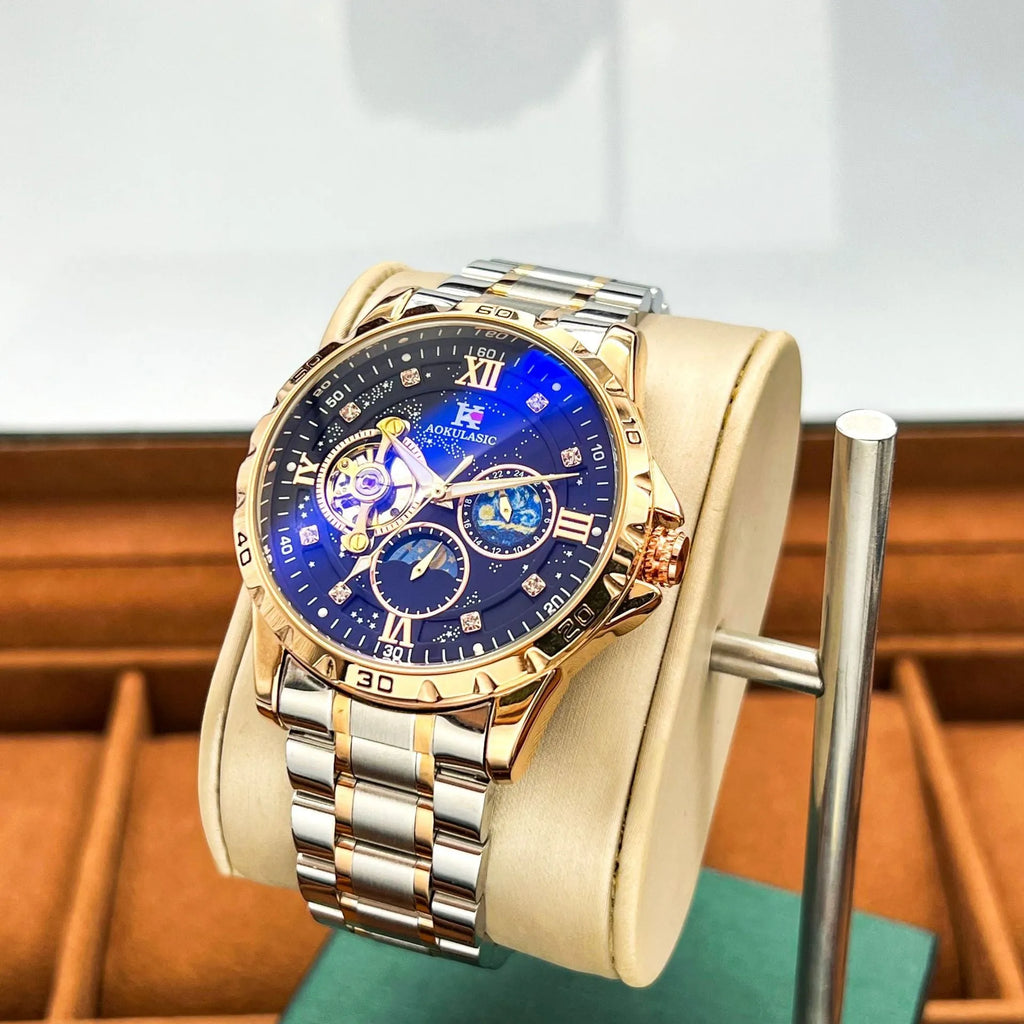 Men's rose gold and black automatic mechanical watch with a large 42mm dial on a leather strap