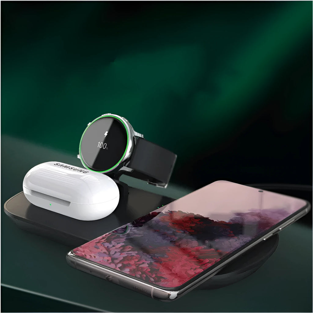 Black Hand three-in-one wireless charger, 185mm x 90mm x 13mm, detachable board and foldable watch arm.