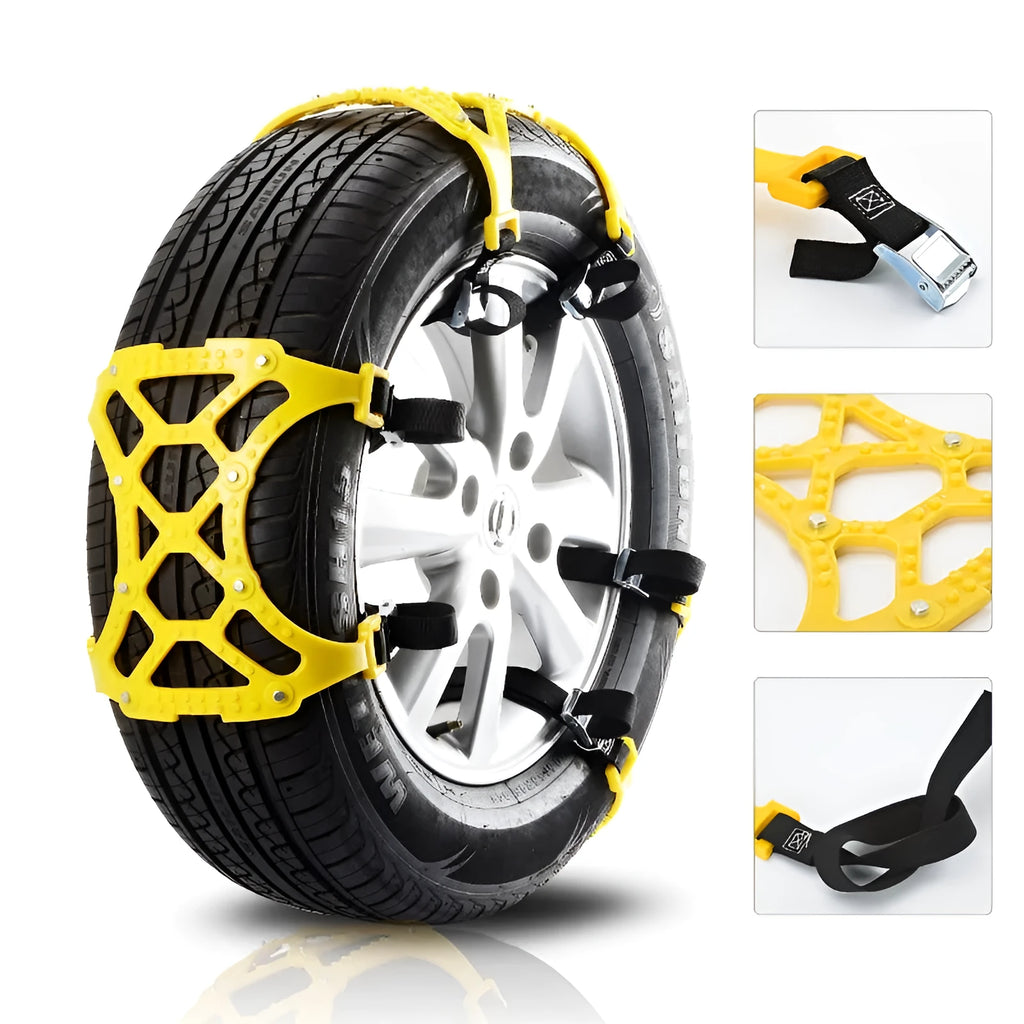 Set of 6 yellow polyurethane snow chains for car tyres, anti-slip winter emergency equipment
