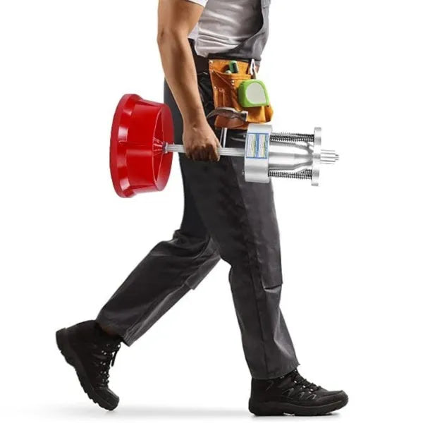 Portable wheel balancer tool with aluminium head and bull's-eye level on a black enamel base.