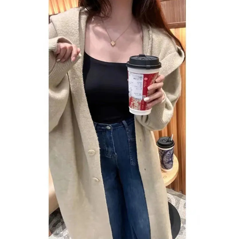 Women's long grey knitted cardigan with hood in a loose Korean-style fit