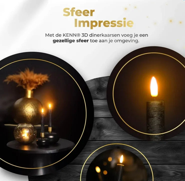 Four black plastic LED taper candles with a glowing 3D flame effect, standing upright.