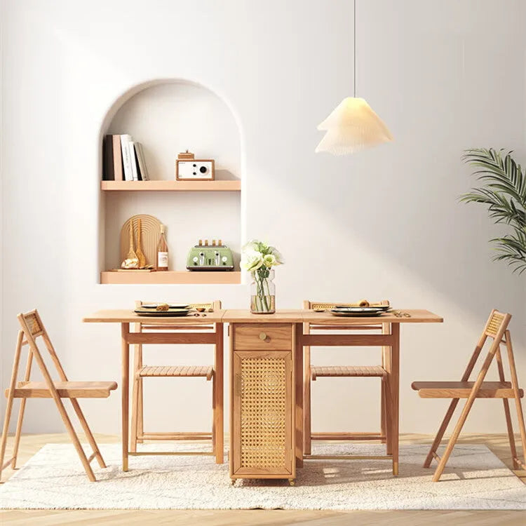 Home Multifunctional Rattan Log Folding Dining Table in original wood colour, folded for storage