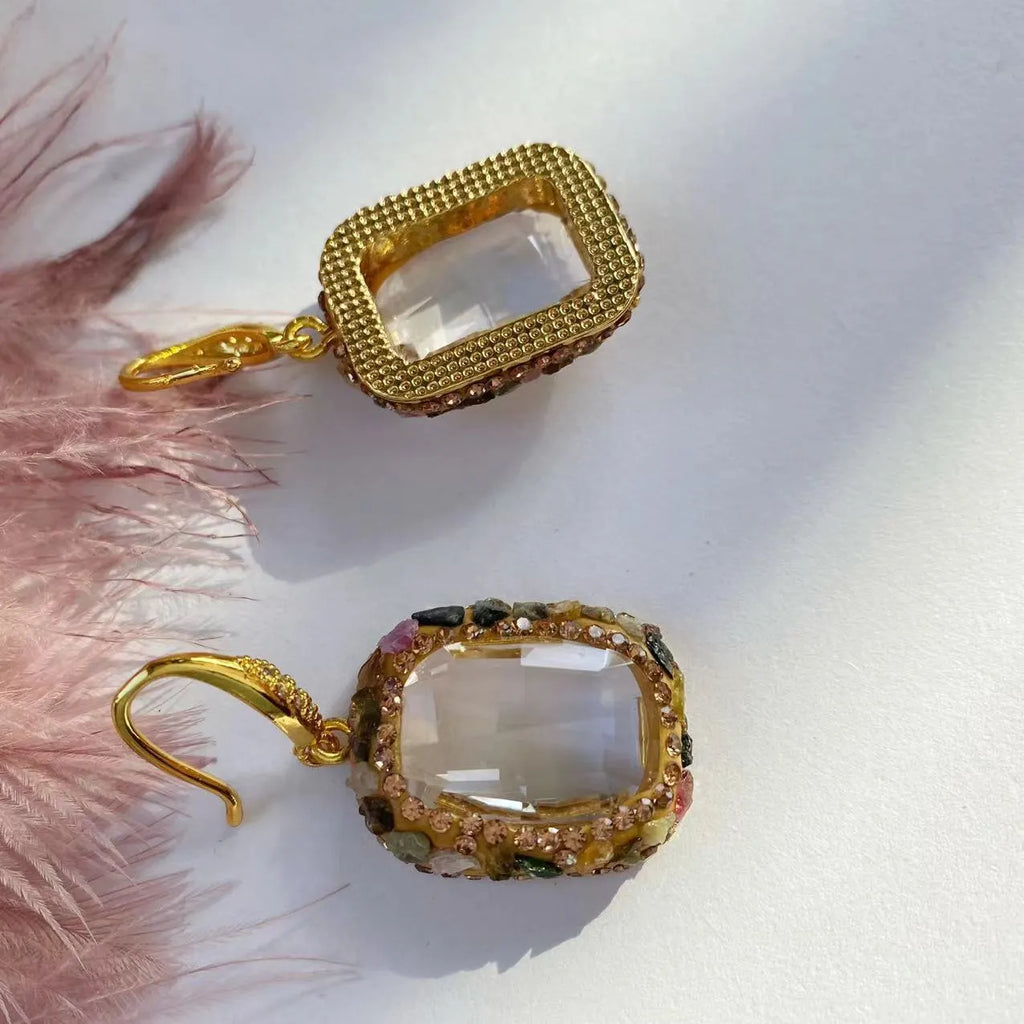 Crystal personality yet elegant earrings for women, geometric alloy with pure natural stone row drilling, stud and hook styles