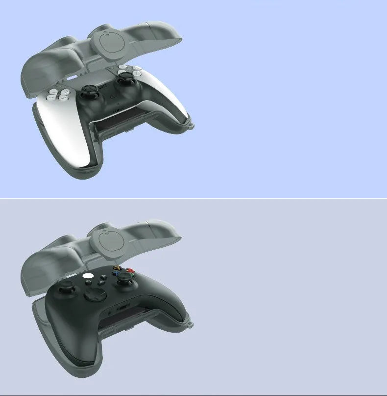 Transparent grey hard plastic protective case for a game controller.