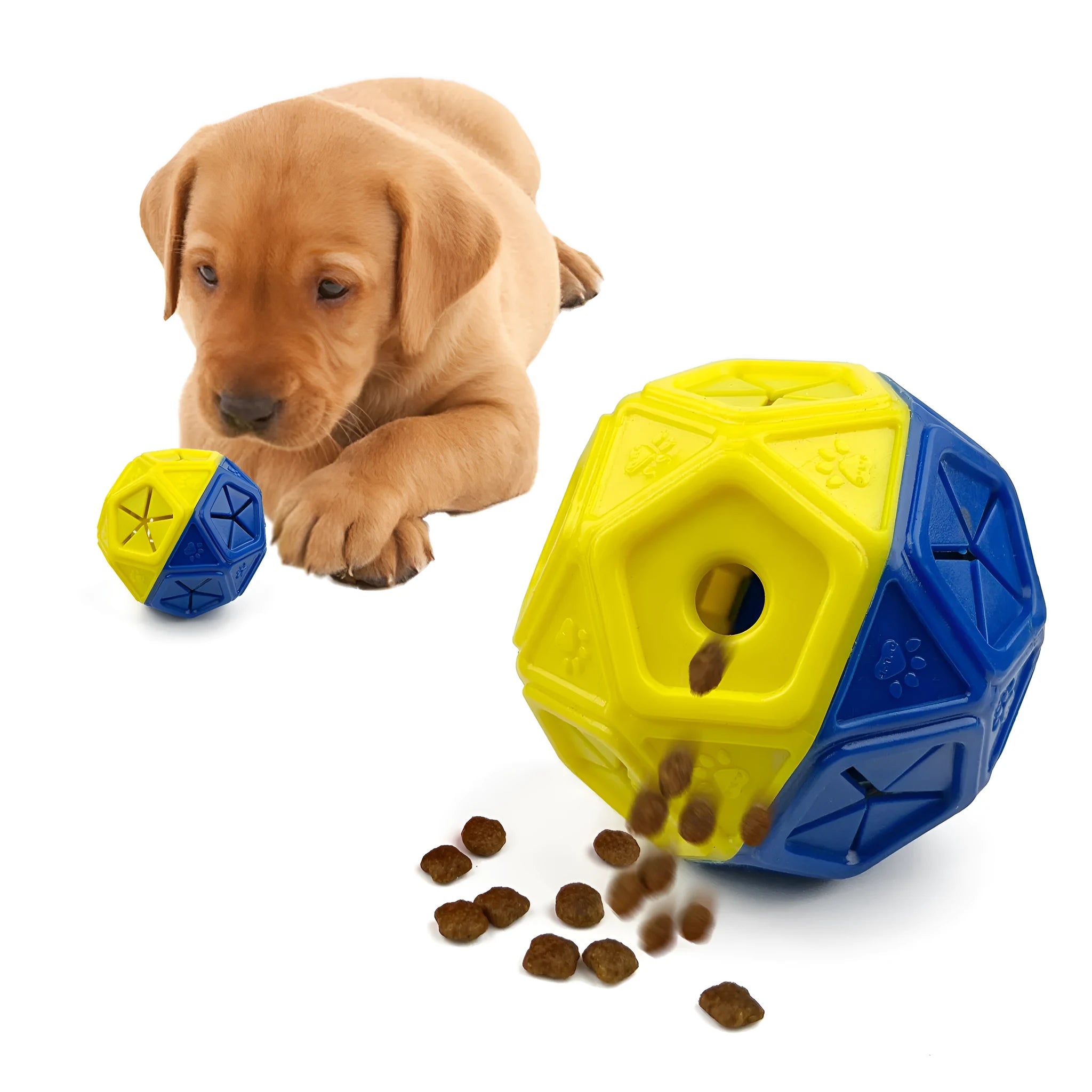 Blue and red hollow dog puzzle ball with treat-dispensing centre for interactive bite-resistant play.