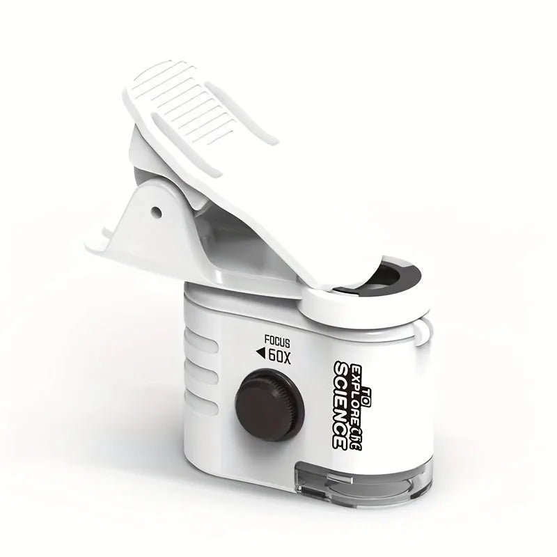 Mini mobile phone microscope with 60x magnification and LED light attached to smartphone