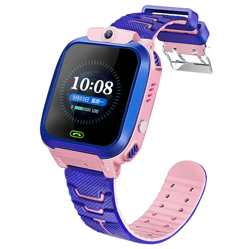 Blue waterproof children's smart watch with colour touch screen on a silicone strap.