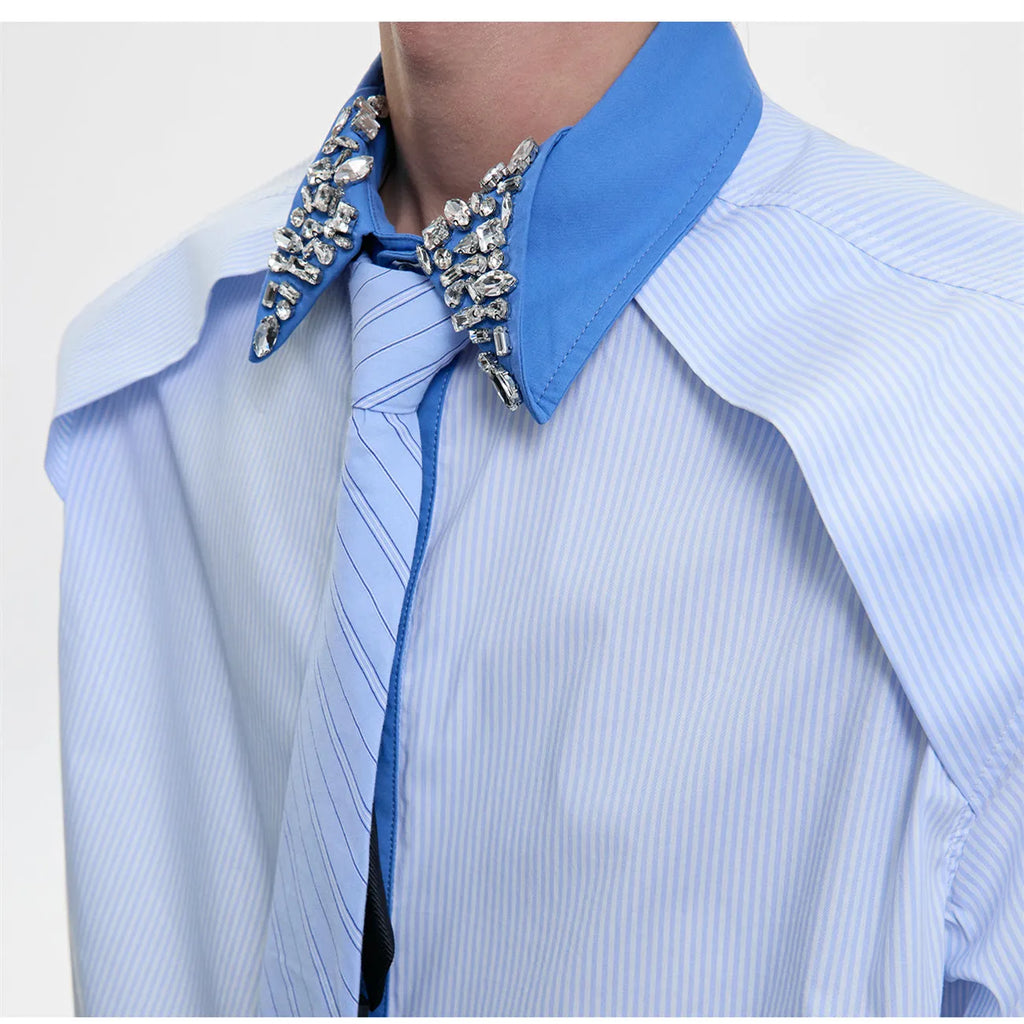 Men's blue patchwork striped shirt with diamond tie detail, loose fit, and button-down collar