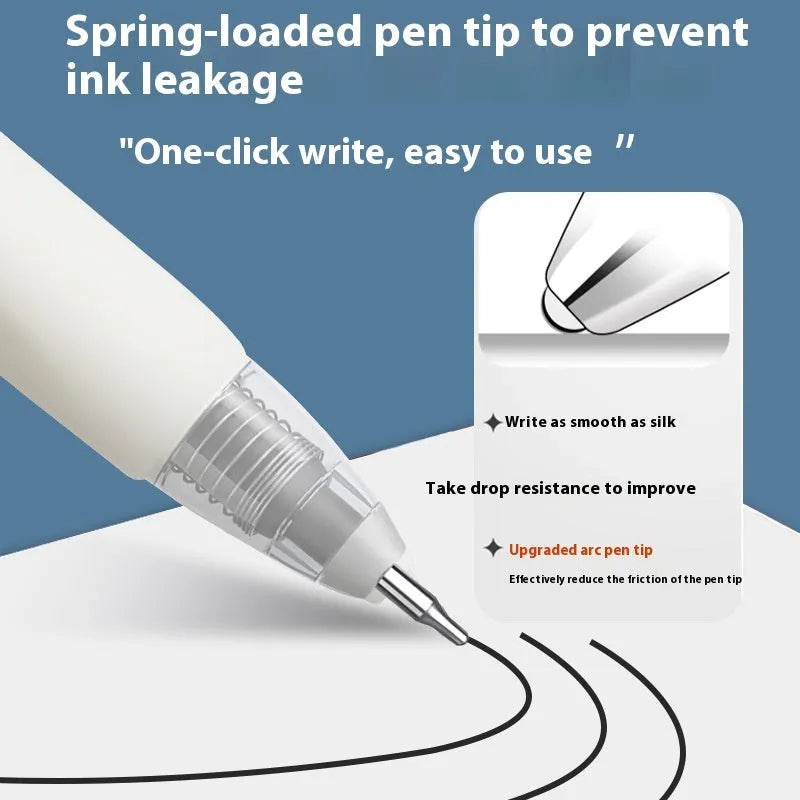 A pack of ten quick-drying 500-metre pen refill cartridges in black, blue, red, and ink blue colours.