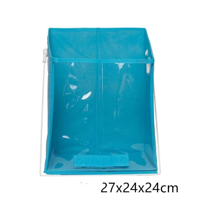 Blue folding detachable storage basket with clear front panel on a shelf, showing lift-up rod.