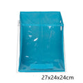 Blue folding detachable storage basket with clear front panel on a shelf, showing lift-up rod.