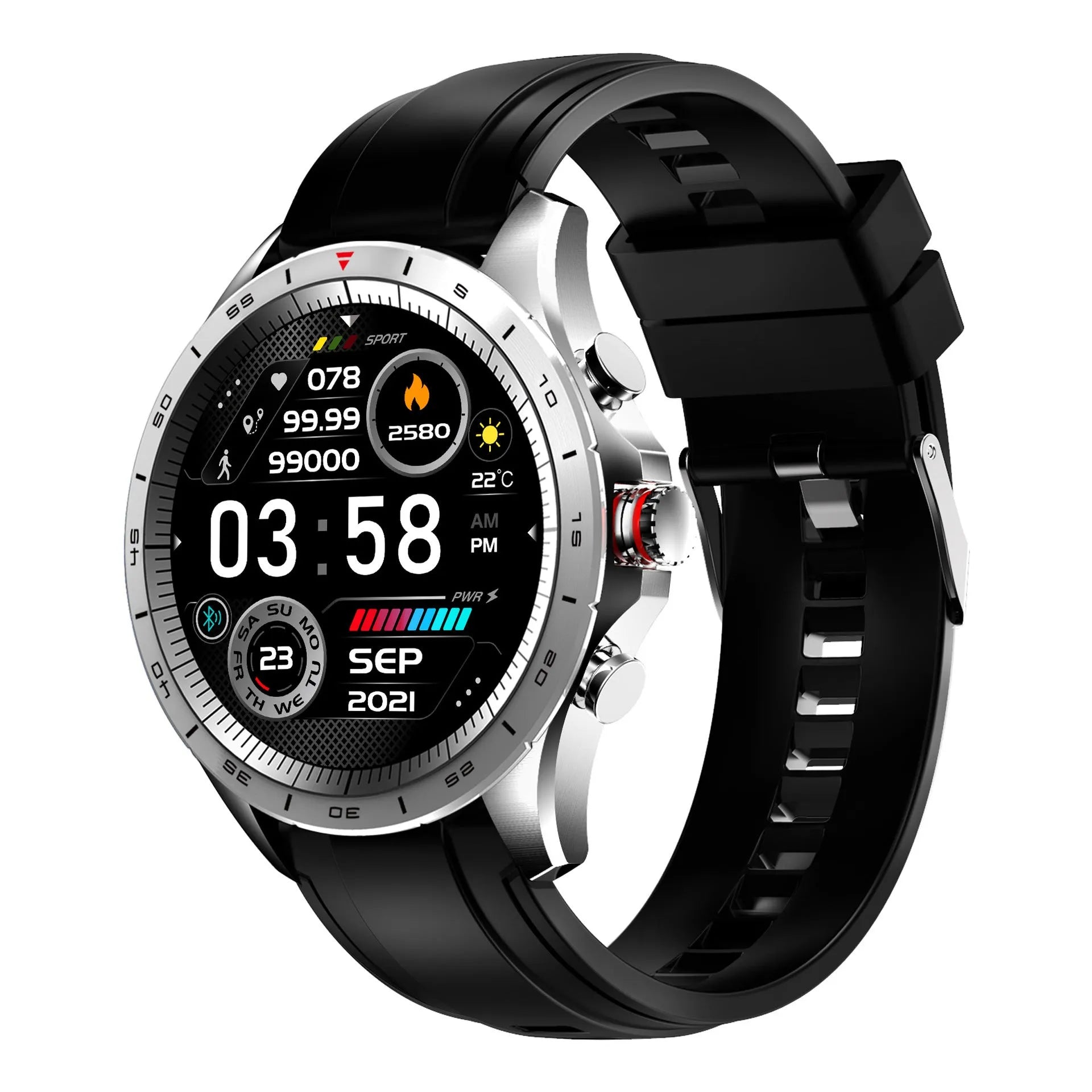 Men's black smart bracelet watch with zinc alloy case and silicone wristband on a wrist.