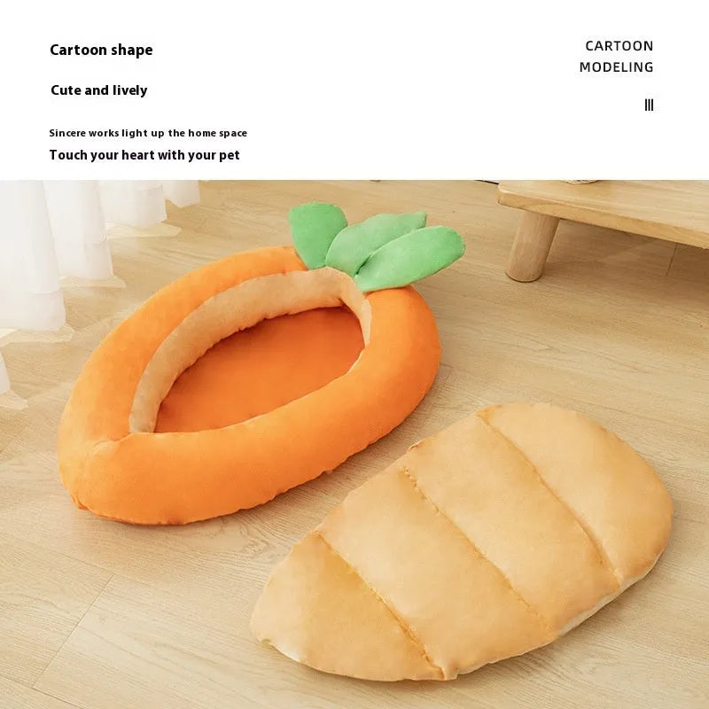 Reversible carrot-print cloth pet mat for dogs, shown in medium and large sizes.