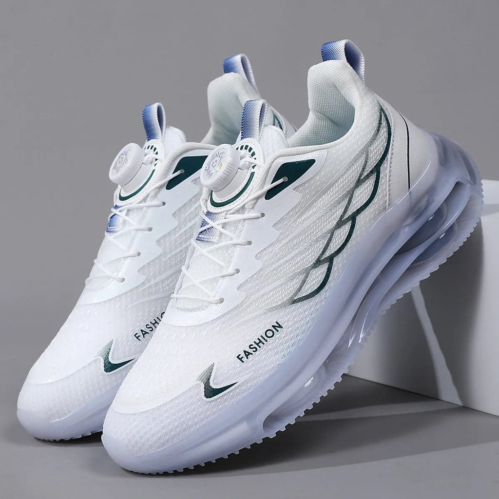 White Korean style mesh casual running shoes with round toe and lace-up closure