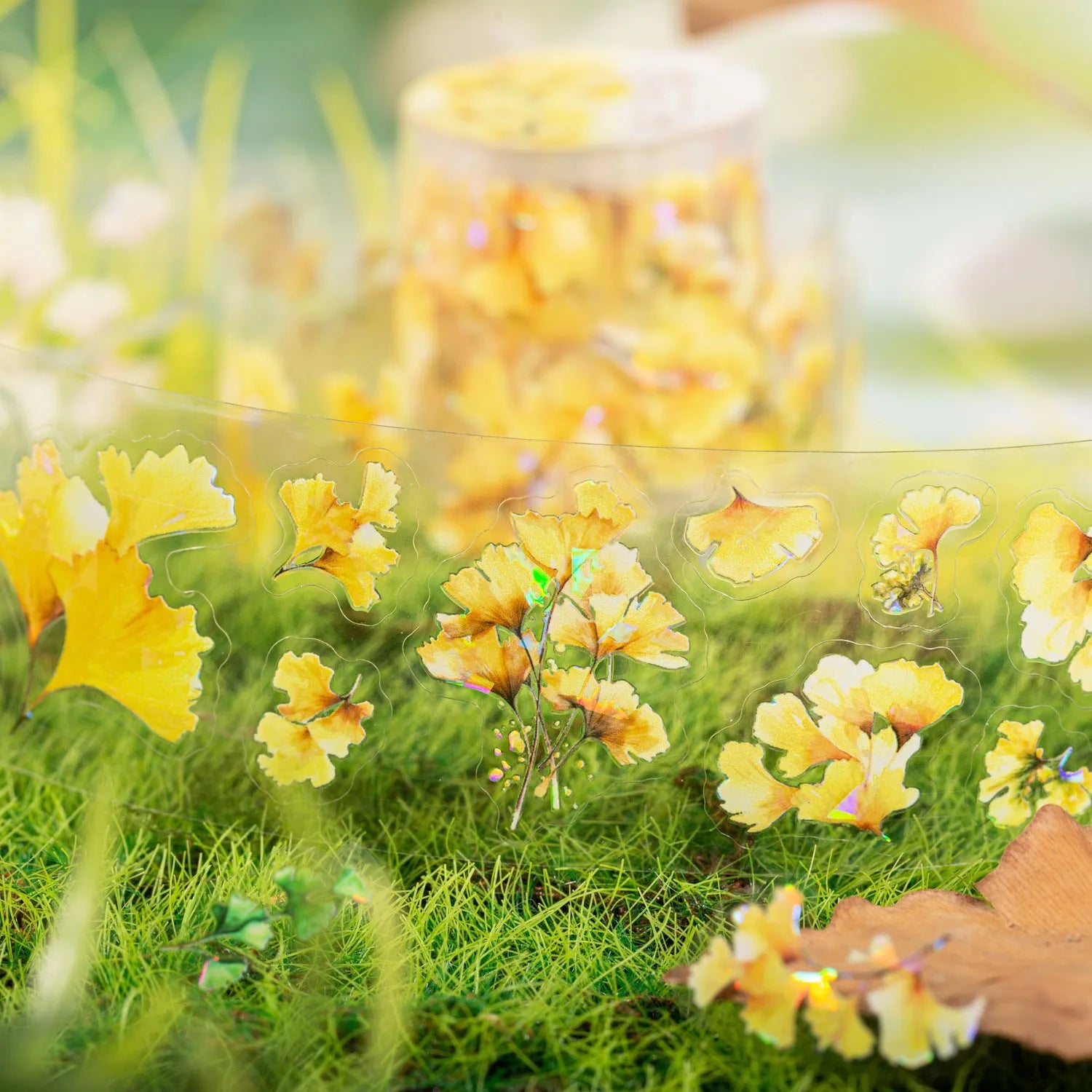 Deciduous Poetry Series decorative sticker roll showing six nature designs including ginkgo and maple leaves.