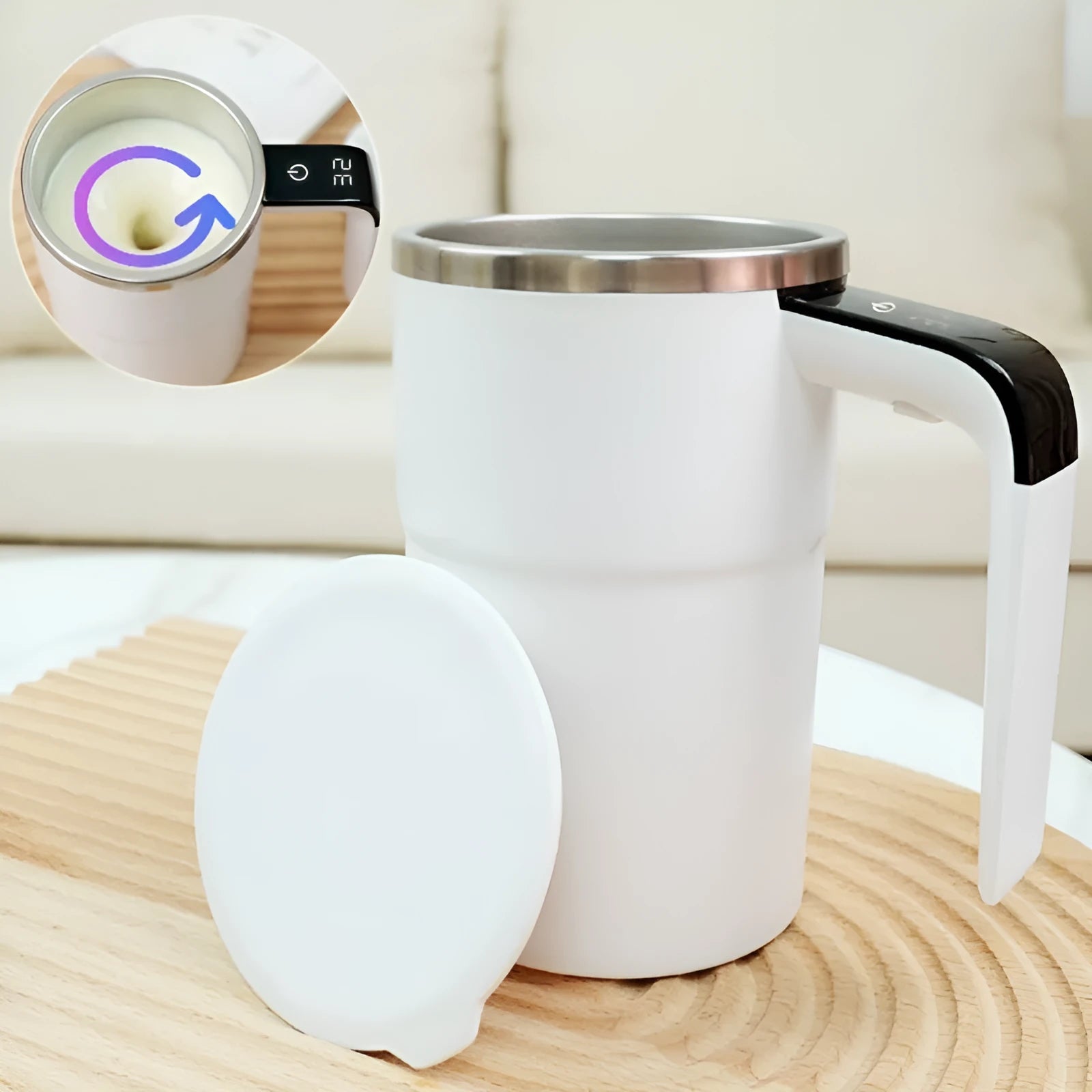 White automatic magnetic stirring mug with LCD display showing temperature reading