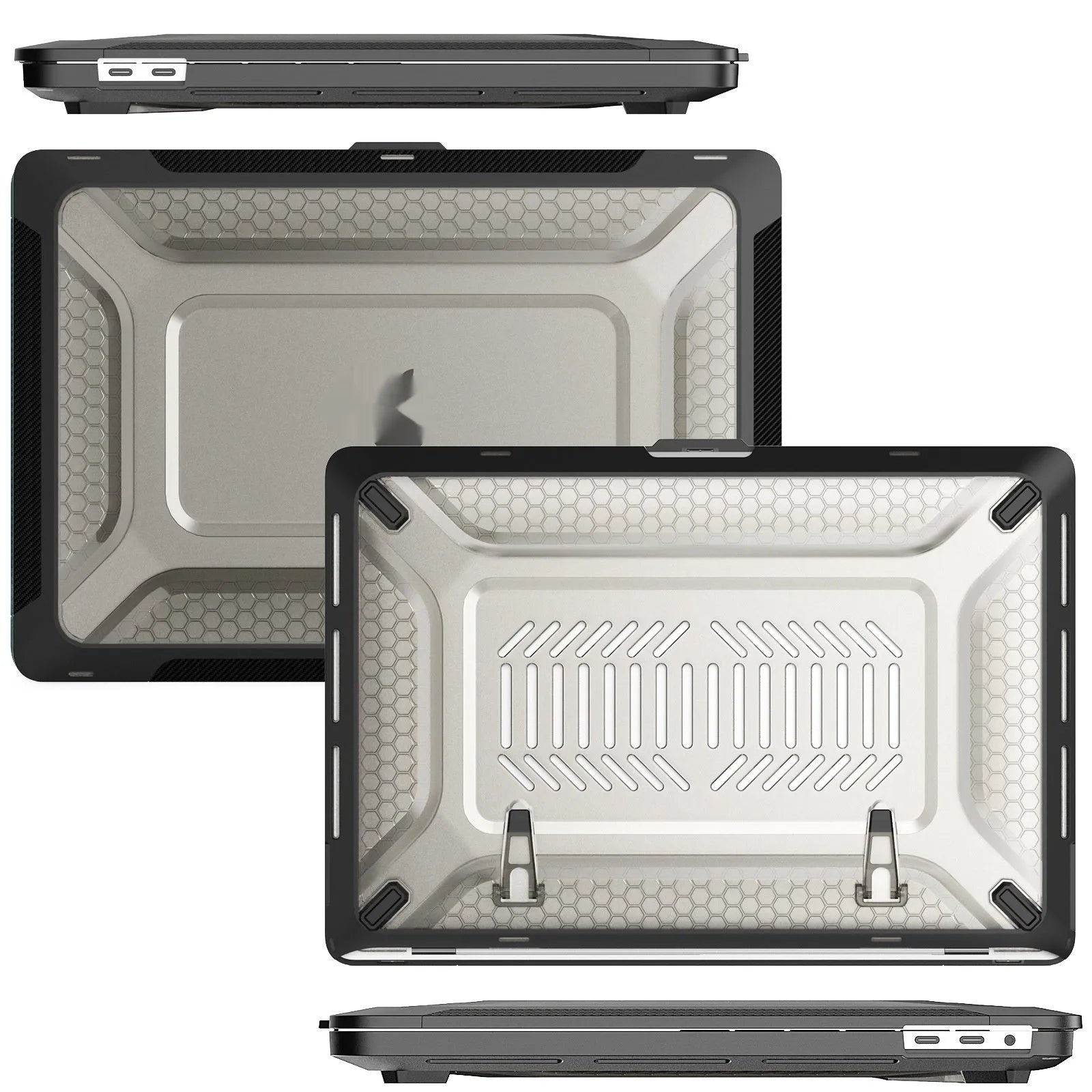 MacBook protective hard shell case in four colour options: black, grey, apricot, and blue.